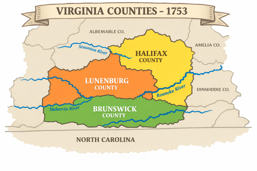 Map of 1753 Virginia counties showing Lunenburg, Halifax, and Brunswick.